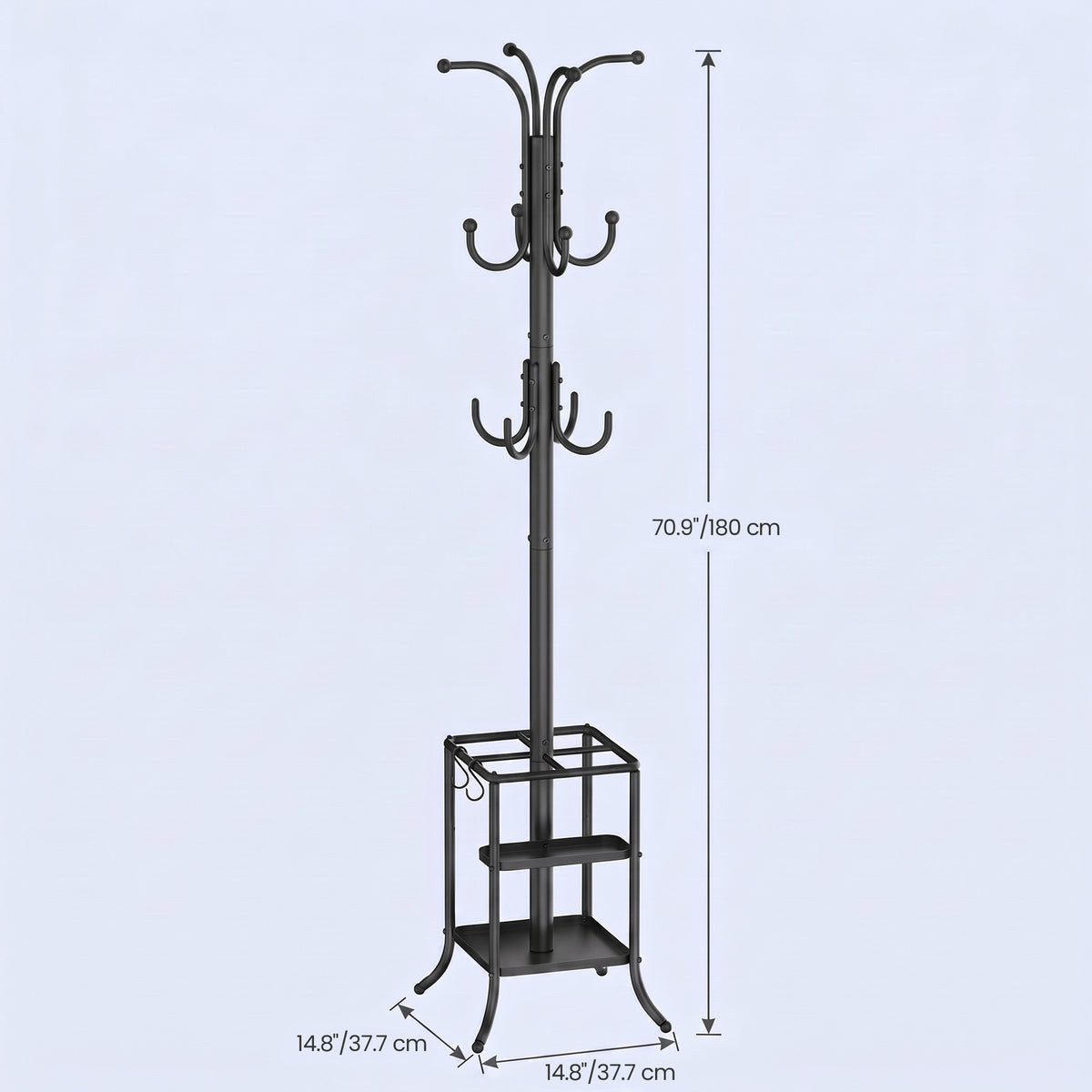 LEDREM Freestanding Coat Rack with Umbrella Holder, Steel Stand with 12 Hooks, for Entryway, Hallway, Living Room, Bedroom, Black
