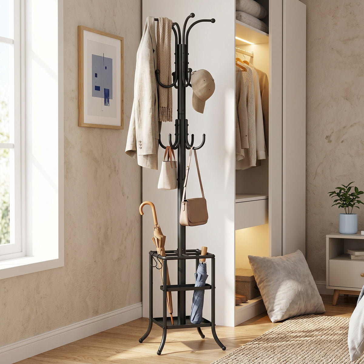 LEDREM Freestanding Coat Rack with Umbrella Holder, Steel Stand with 12 Hooks, for Entryway, Hallway, Living Room, Bedroom, Black