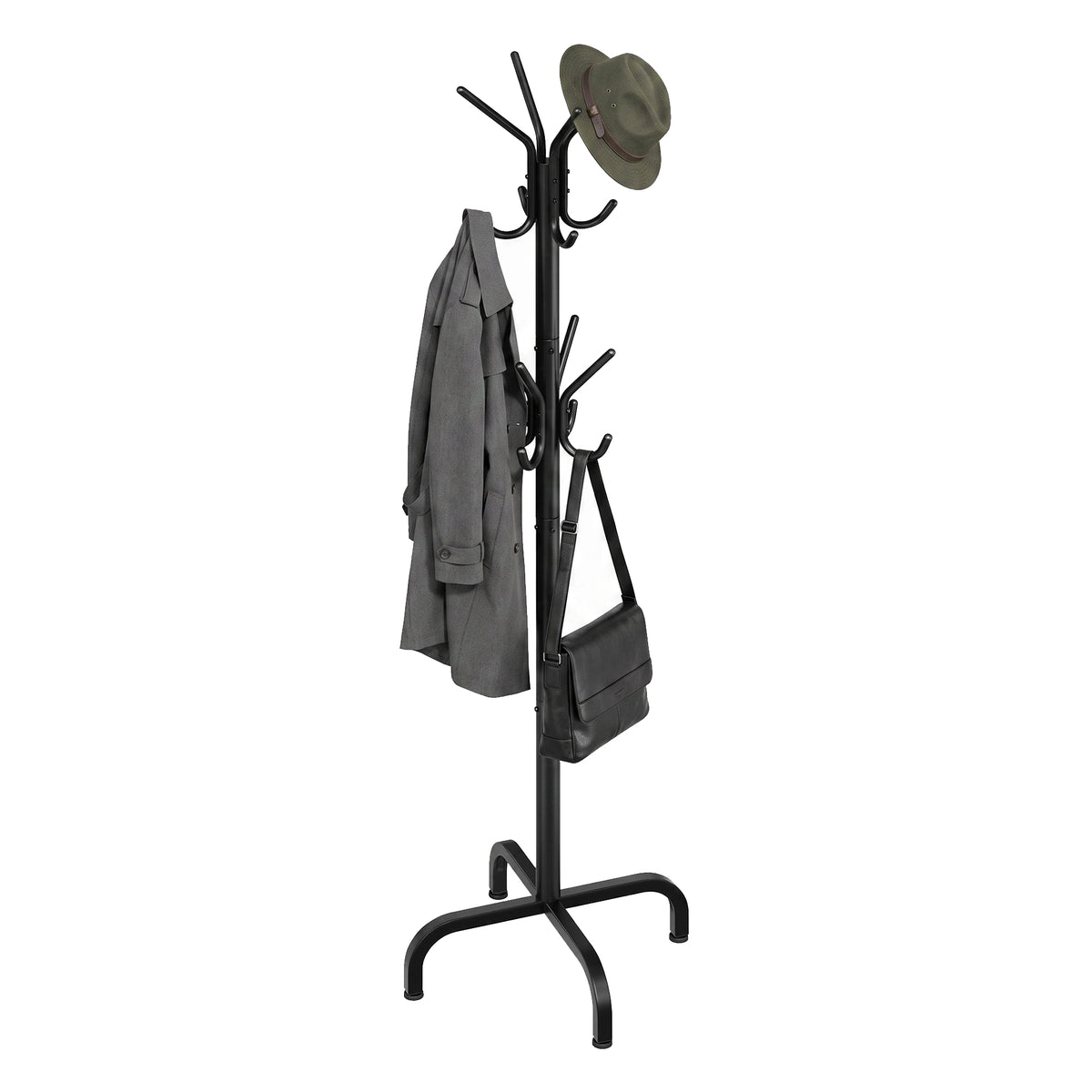 LEDREM Coat Stand, Metal Coat Rack with 16 Hooks, 4 Legs, for Coats, Hats, Bags, for Hallway, Living Room, Bedroom, Ink Black