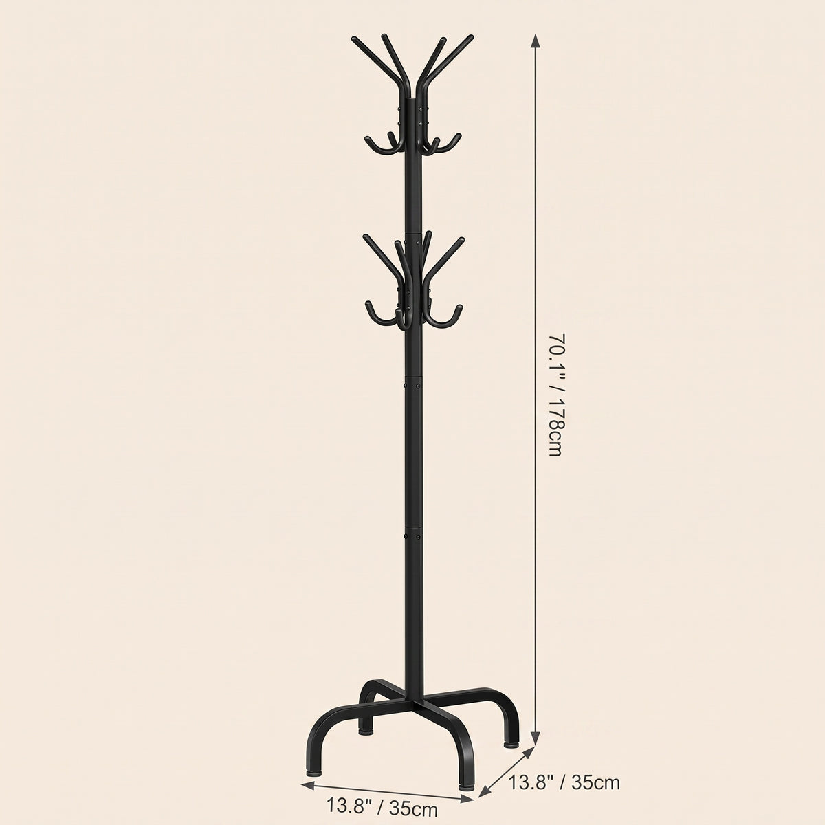 LEDREM Coat Stand, Metal Coat Rack with 16 Hooks, 4 Legs, for Coats, Hats, Bags, for Hallway, Living Room, Bedroom, Ink Black