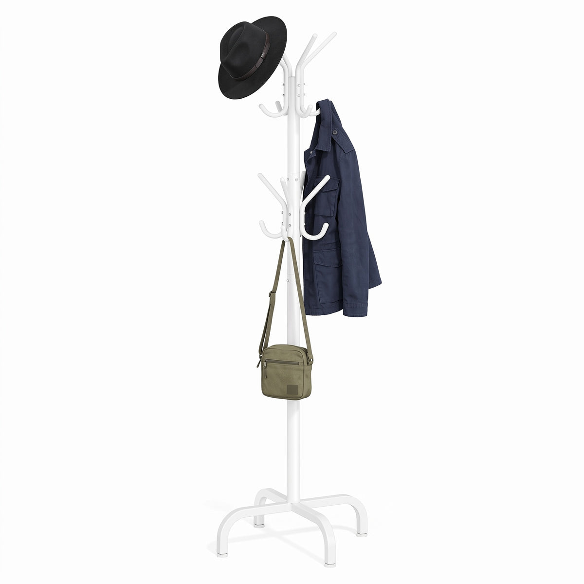 Coat Stand, Metal Coat Rack with 12 Hooks, 4 Legs, for Coats, Jackets, Hats, Bags, for Hallway Bedroom Office, White