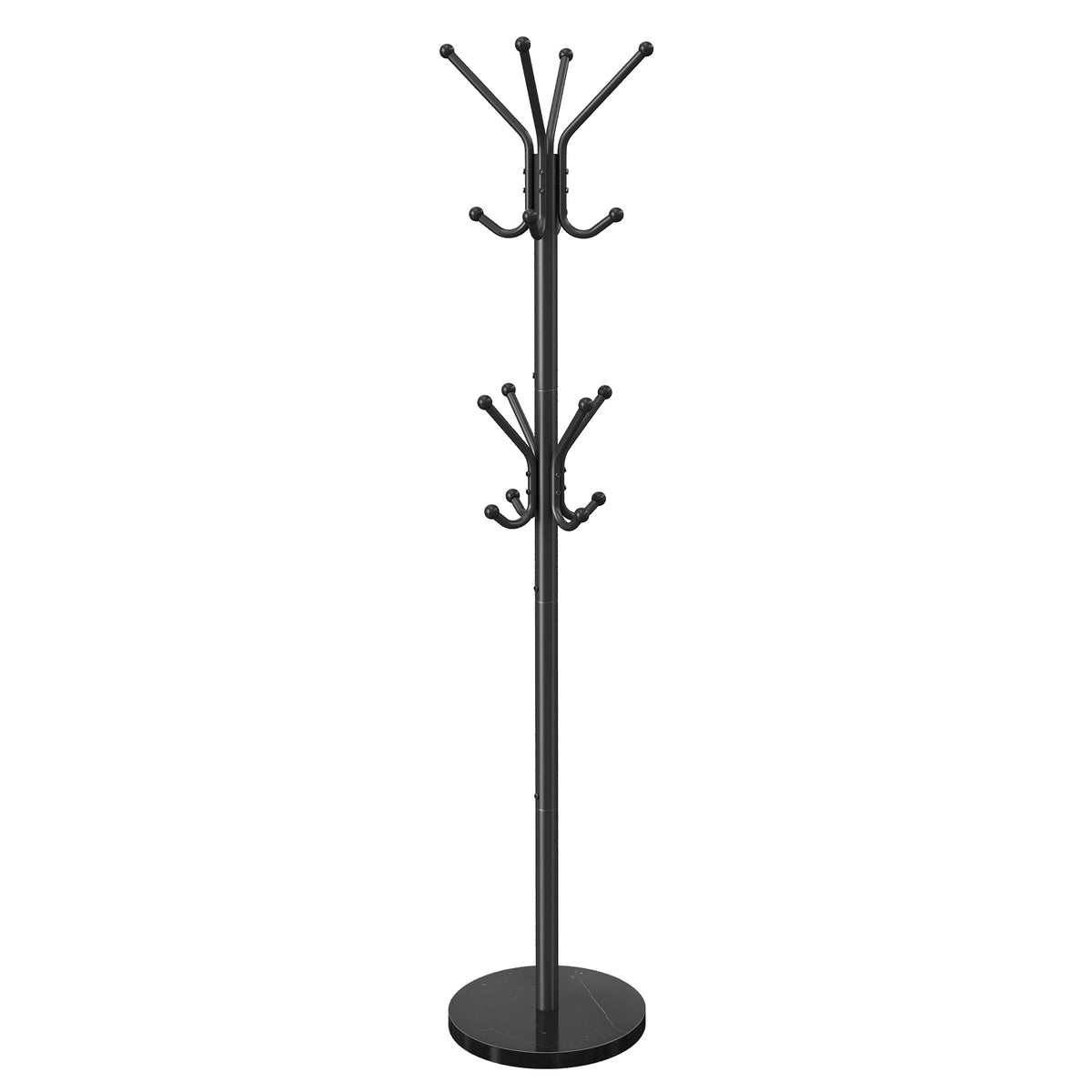Freestanding Coat Rack with Marble Base, 18 Hooks & Umbrella Holder, Rotating Top, 68.1" Tall, for Hallway, Ink Black