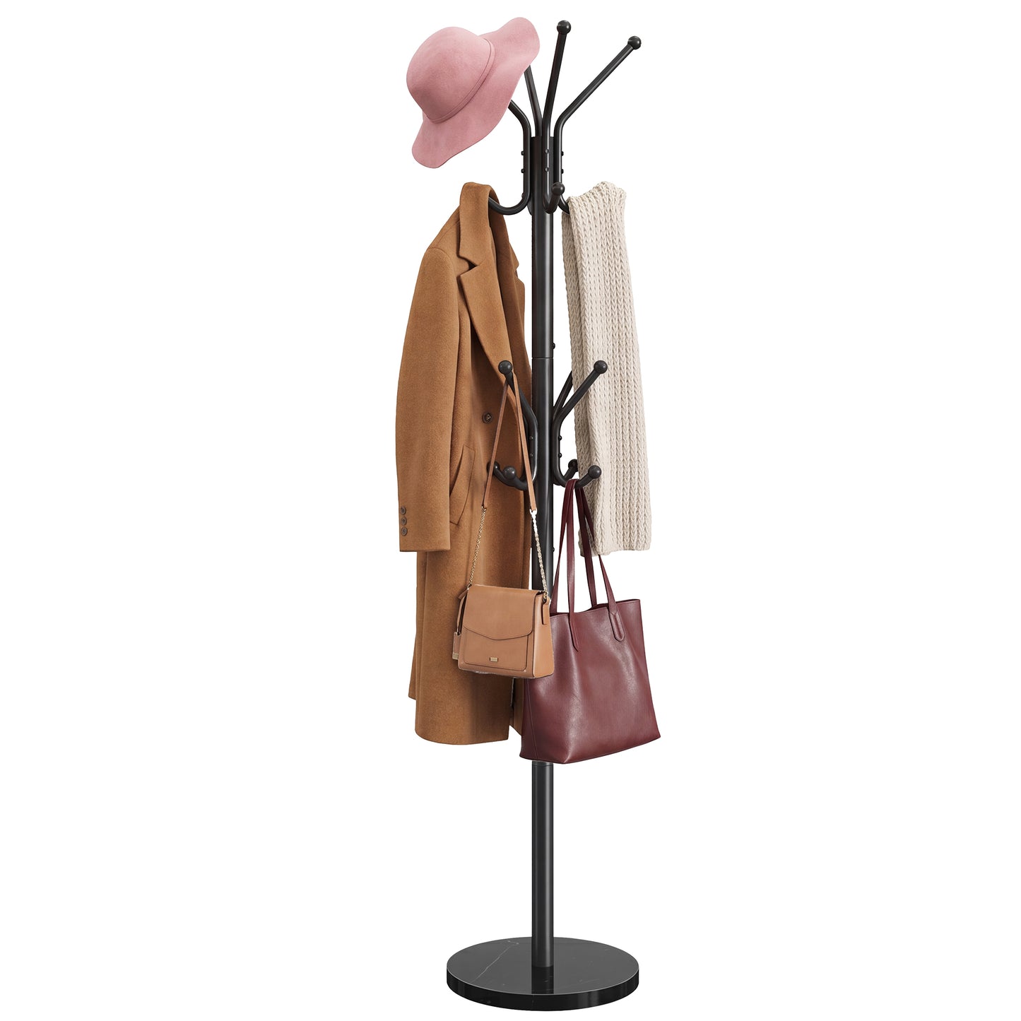 Freestanding Coat Rack with Marble Base, 18 Hooks & Umbrella Holder, Rotating Top, 68.1" Tall, for Hallway, Ink Black