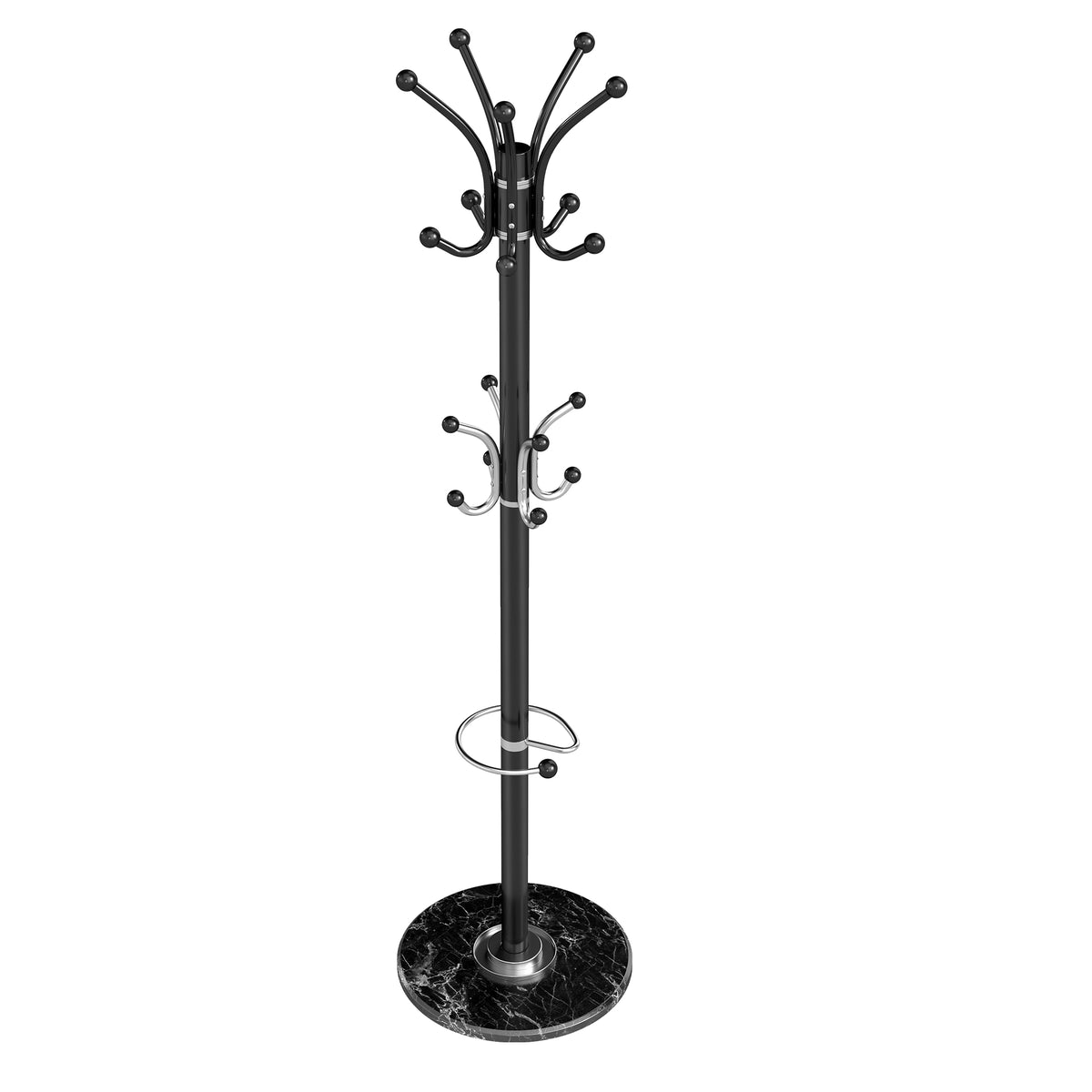 Freestanding Coat Rack with Marble Base, 18 Hooks & Umbrella Holder, Rotating Top, 70.1" Tall, for Hallway, Black