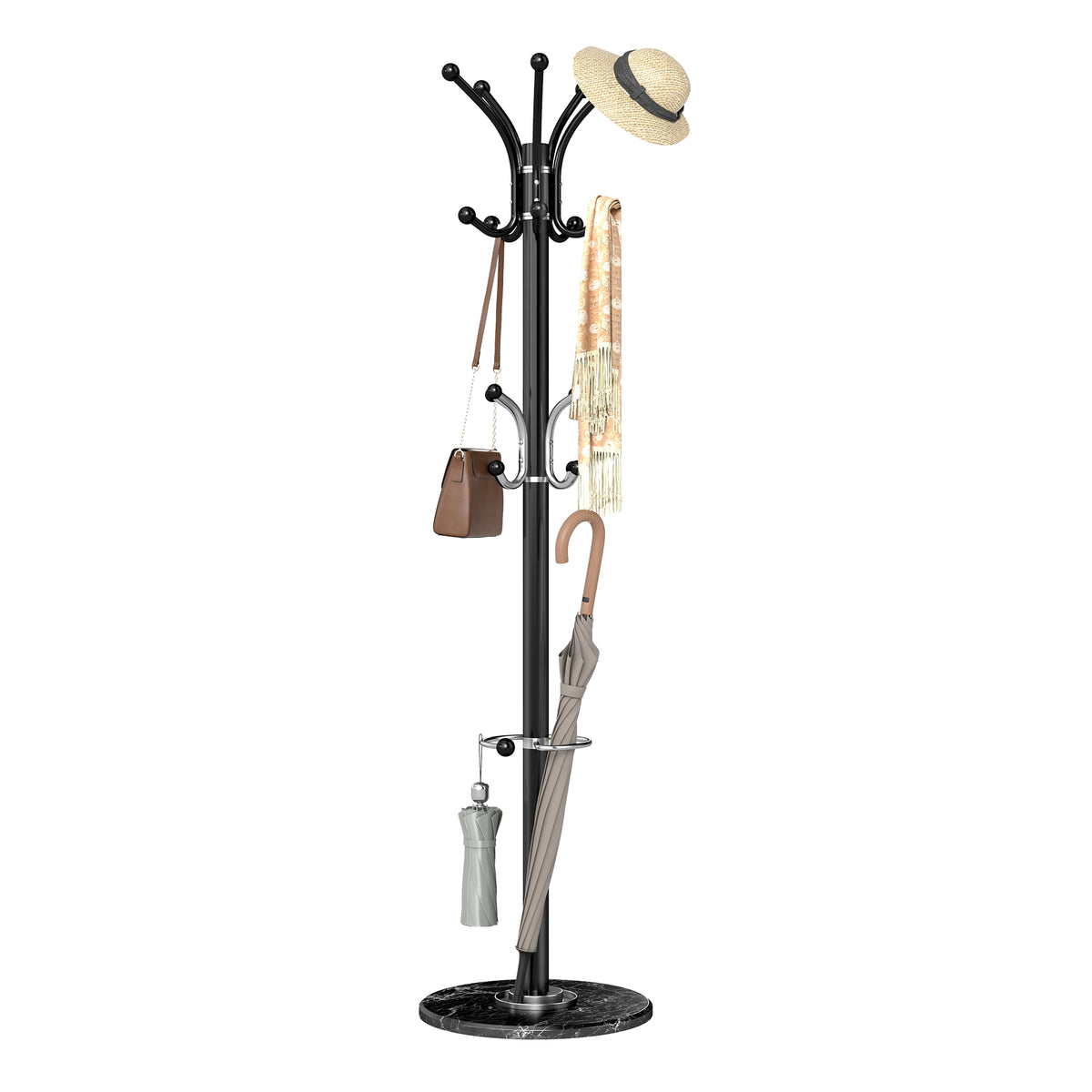 Freestanding Coat Rack with Marble Base, 18 Hooks & Umbrella Holder, Rotating Top, 70.1" Tall, for Hallway, Black