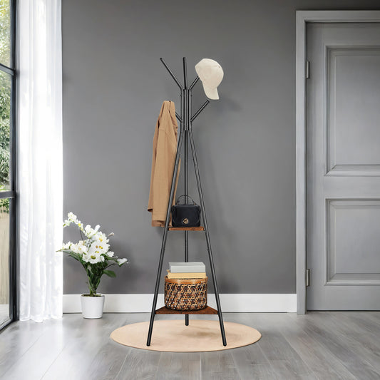 Freestanding Coat Rack with 6 Hooks & 2 Triangular Shelves, Industrial Hall Tree for Clothes, Hats, Bags – Rustic Brown & Black