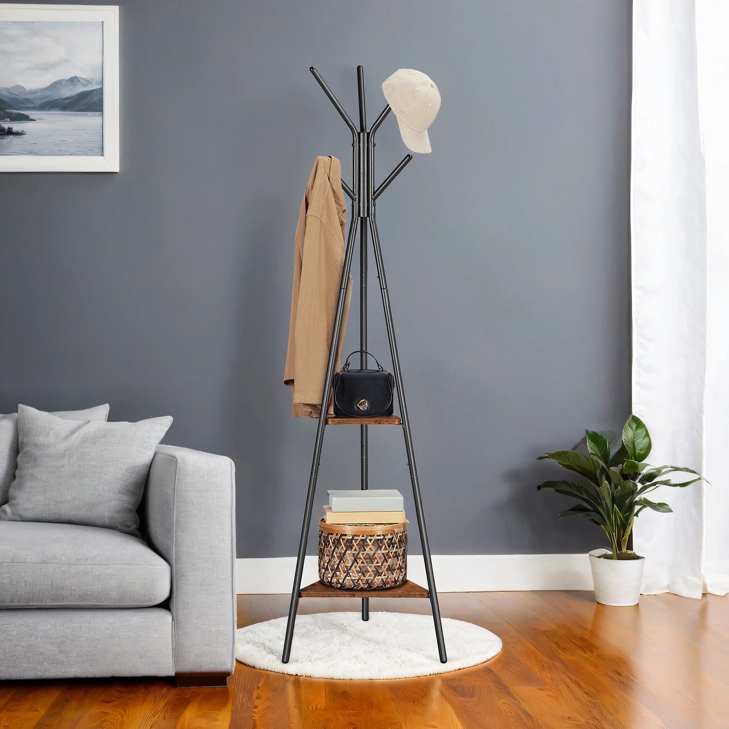 Freestanding Coat Rack with 6 Hooks & 2 Triangular Shelves, Industrial Hall Tree for Clothes, Hats, Bags – Rustic Brown & Black