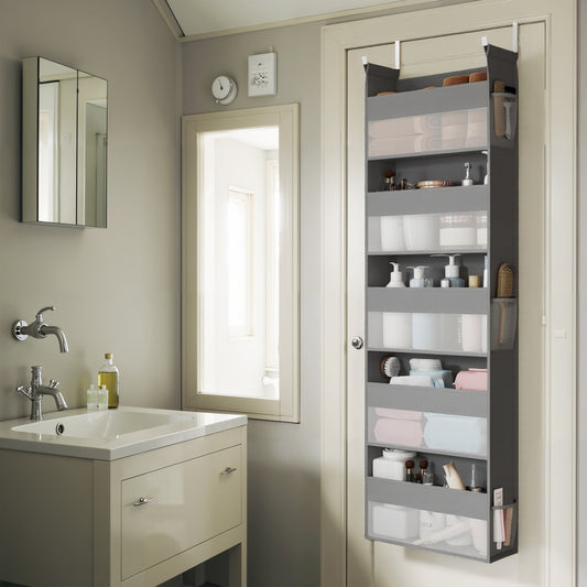Over-the-Door Organizer with 5 Large Pockets, 5-Tier Fabric Storage with Transparent Mesh & Side Pouches, Foldable, Dove Gray