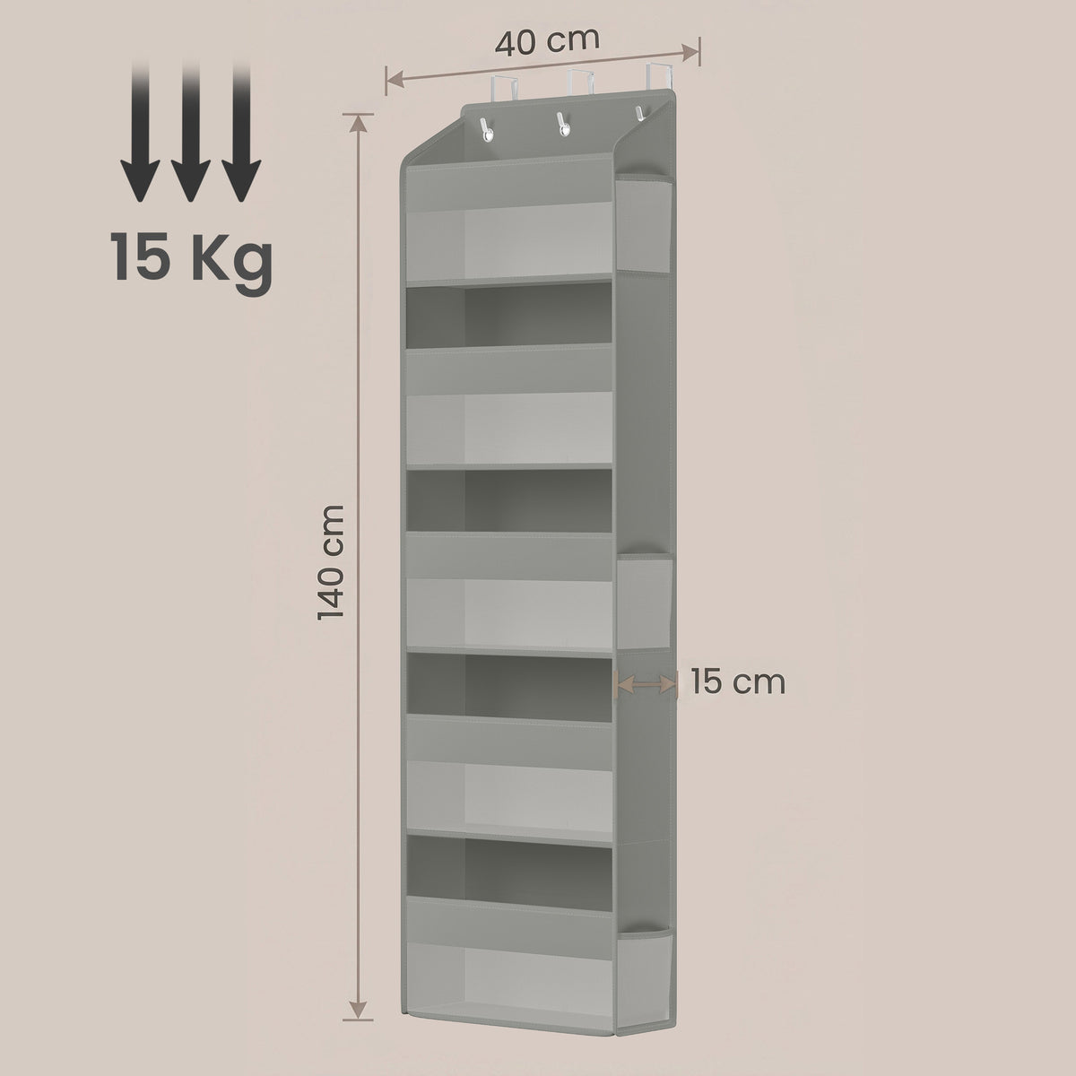 Over the Door Organizer, 5-Tier Hanging Closet Shelf with Clear Pockets, 55.1 x 15.7 x 5.9 Inches, Gray