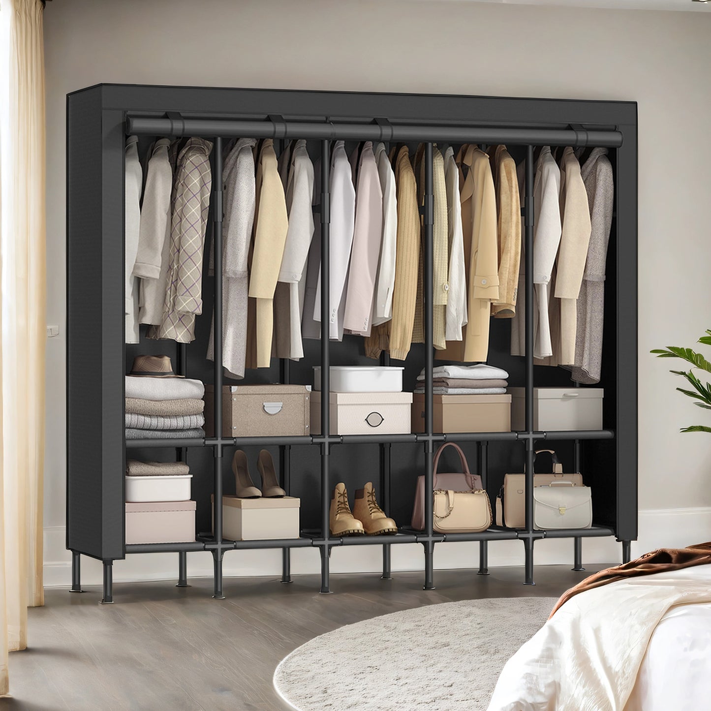 Large Wardrobe Closet Organizer with 5 Rails & 10 Shelves, 83.5 Inch Portable Clothing Rack with Fabric Cover, Freestanding, Ink Black