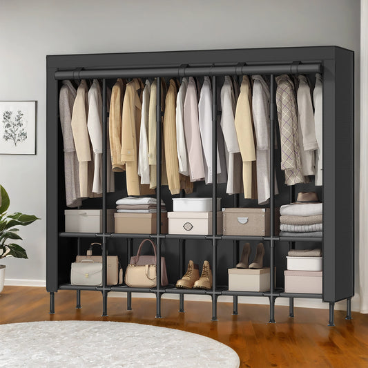 Large Wardrobe Closet Organizer with 5 Rails & 10 Shelves, 83.5 Inch Portable Clothing Rack with Fabric Cover, Freestanding, Ink Black