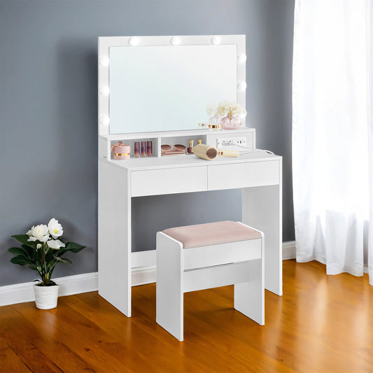 Modern Makeup Vanity Set with Power Outlets & 9 Dimmable LED Lights, Storage Drawers & Velvet Stool, for Bedroom, Cloud White