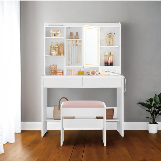 Modern Makeup Vanity Set with 3-Tone LED Mirror, Adjustable Shelves & Power Outlets, Velvet Stool, for Bedroom, Cloud White