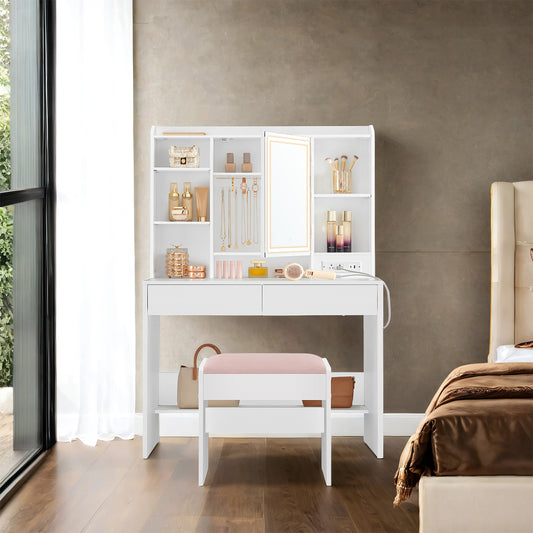 Modern Makeup Vanity Set with LED Mirror & Power Outlets, Adjustable Shelves & Velvet Stool, Storage Organizer for Bedroom, Cloud White