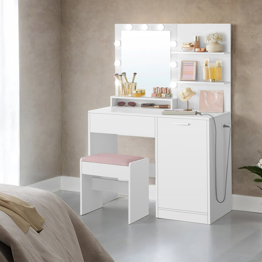35.4" Makeup Vanity Set with LED Mirror & Charging Station, 9 Dimmable Lights, Storage Cabinet & Velvet Stool, for Bedroom, Cloud White