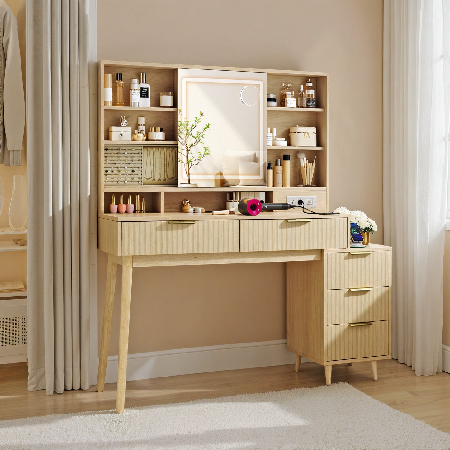 Vanity Desk with Sliding LED Mirror & Charging Station, 39.4 Inch Mid-Century Makeup Table with 5 Drawers & Jewelry Storage, 10X Magnifying Mirror, Oak Beige
