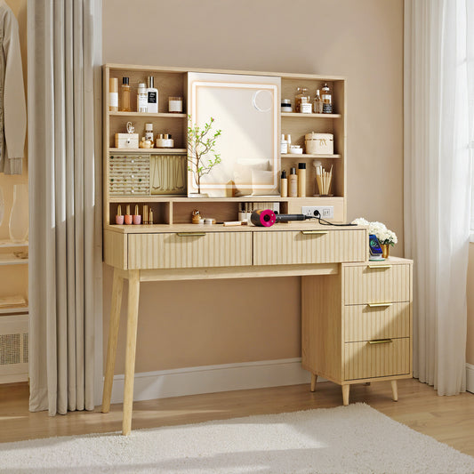 Vanity Desk with Sliding LED Mirror & Charging Station, 39.4 Inch Mid-Century Makeup Table with 5 Drawers & Jewelry Storage, 10X Magnifying Mirror, Oak Beige