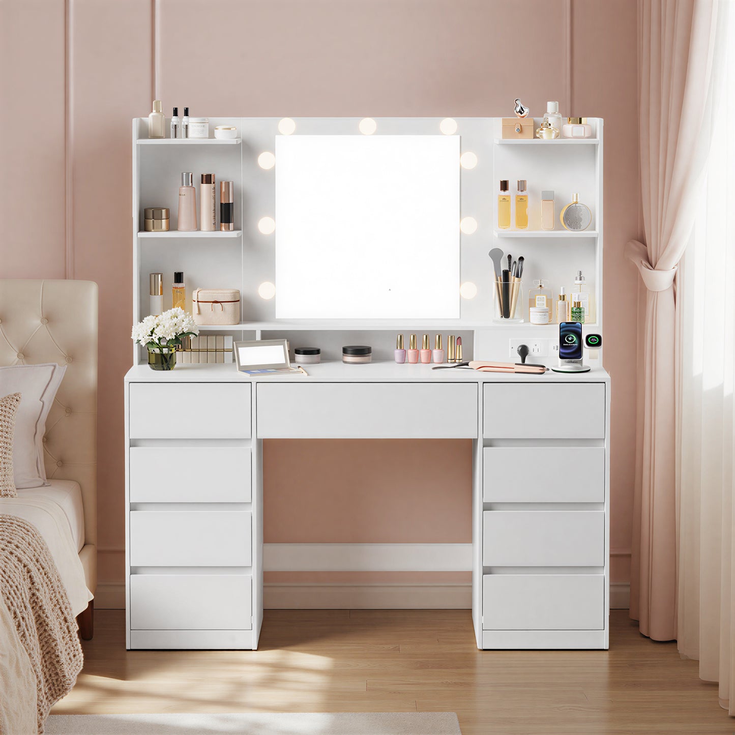 Vanity Desk with 9 LED Lights & Power Outlets, 43.3 Inch Makeup Table with 9 Drawers & 8 Compartments, Dressing Table with Charging Stationlets, Dressing Table with 9 Drawers, for Bedroom, Cloud White