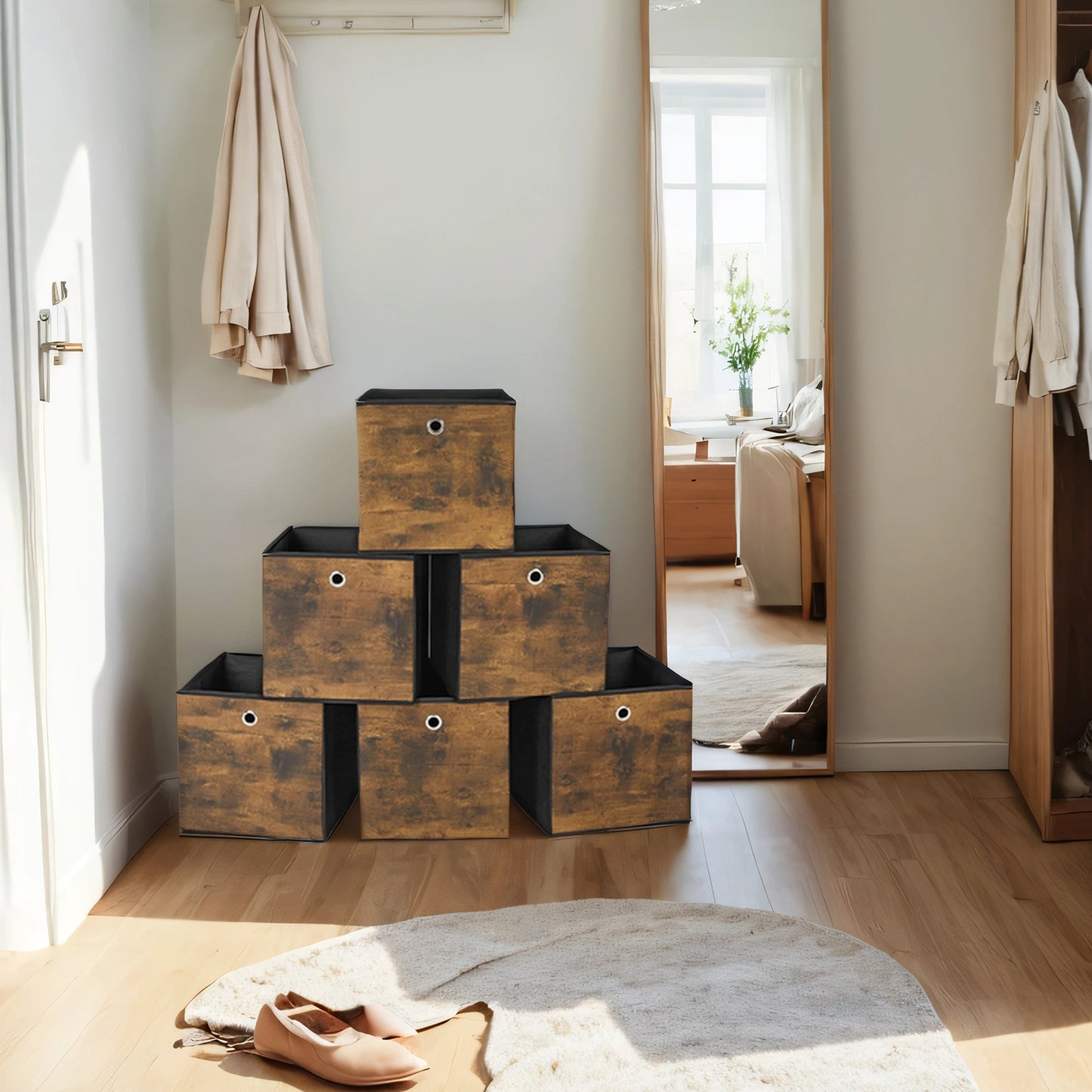 Foldable Storage Cubes with Handles, Oxford Fabric Storage Bins for Closet, Shelf or Cube Organizer, Set of 6, 11.8x11.8x11.8 Inches, Rustic Brown and Black