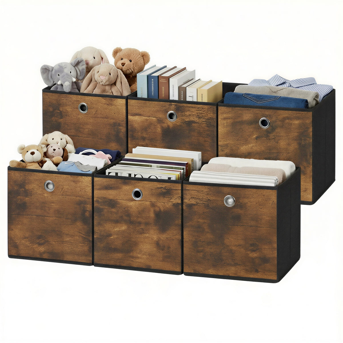 LEDREM Set of 6 Storage Cubes, Storage Bins, Foldable Paper, Non-Woven Fabric Storage Boxes, 10.2 x 10.2 x 11 Inches, for Bedroom, Living Room, Black and Tan