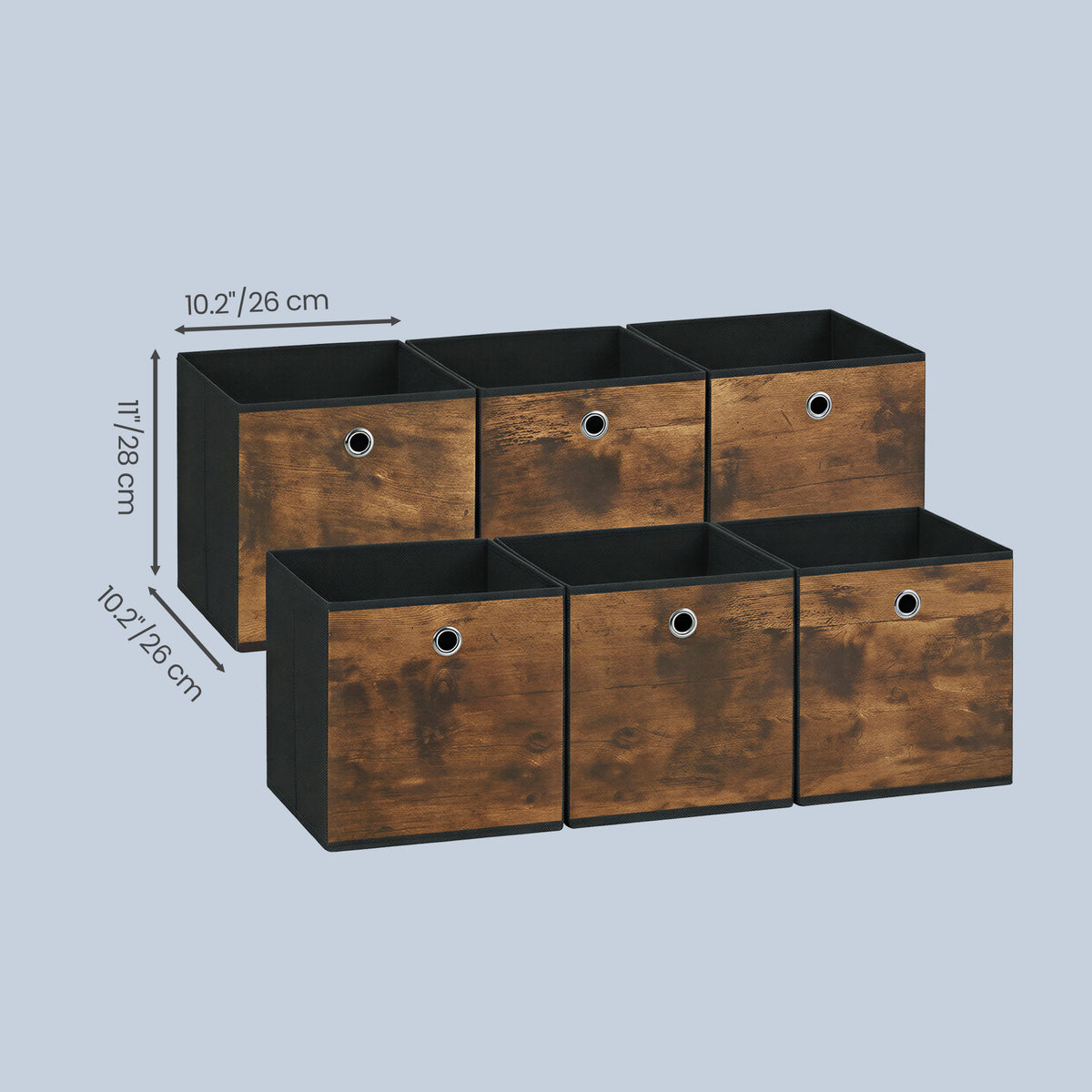 LEDREM Set of 6 Storage Cubes, Storage Bins, Foldable Paper, Non-Woven Fabric Storage Boxes, 10.2 x 10.2 x 11 Inches, for Bedroom, Living Room, Black and Tan