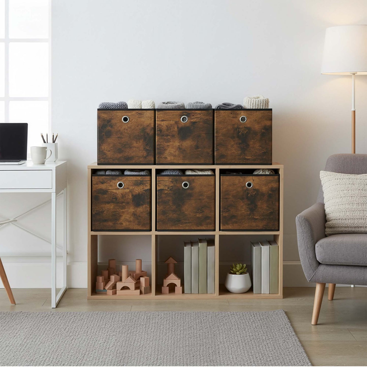 Set of 6 Foldable Fabric Storage Cubes, 13 Inch Collapsible Storage Bins with Handles for Cube Shelves, Rustic Brown