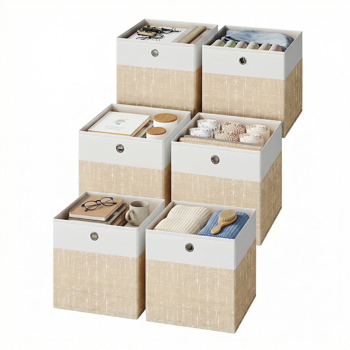 LEDREM Storage Cubes Set of 6, Foldable Non-Woven Fabric Closet Organizer Bins with Handles, 10.2 x 10.2 x 11 Inches, Beige
