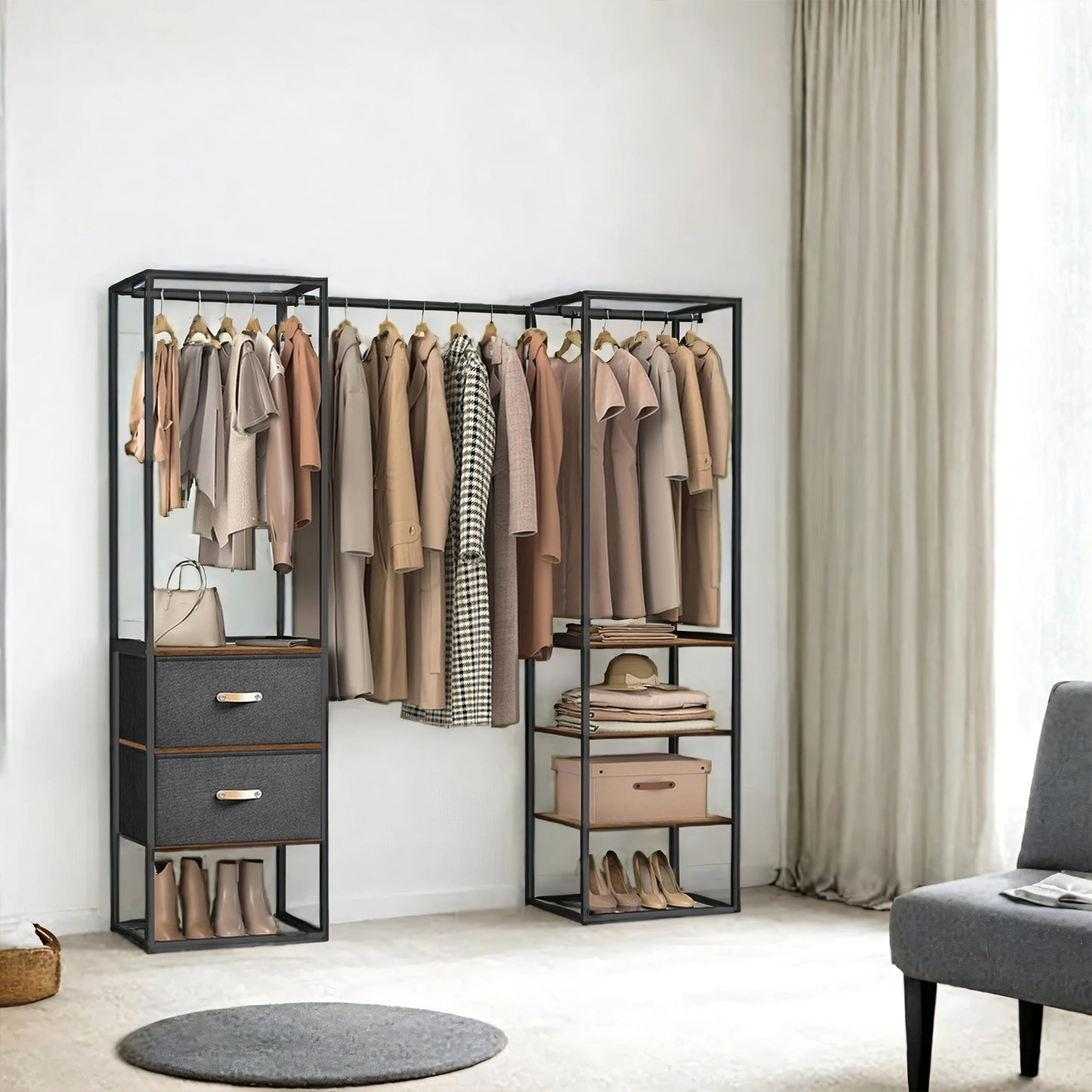 Heavy Duty Wardrobe Closet, 70.9 Inch Freestanding Garment Rack with Extendable Rod, 2 Drawers & 4 Shelves, Space-Saving Organizer for Bedroom,Rustic Brown