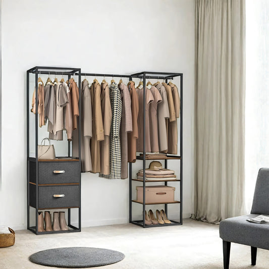 Heavy Duty Wardrobe Closet, 70.9 Inch Freestanding Garment Rack with Extendable Rod, 2 Drawers & 4 Shelves, Space-Saving Organizer for Bedroom,Rustic Brown