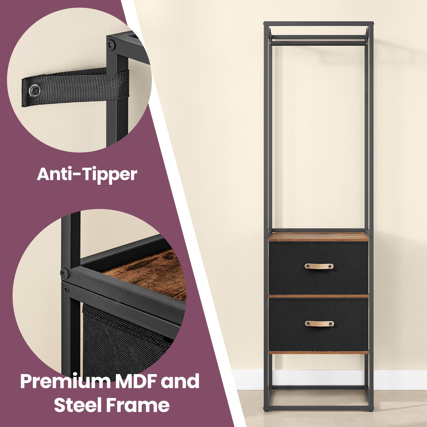 Heavy Duty Wardrobe Closet, 70.9 Inch Freestanding Garment Rack with Extendable Rod, 2 Drawers & 4 Shelves, Space-Saving Organizer for Bedroom,Rustic Brown