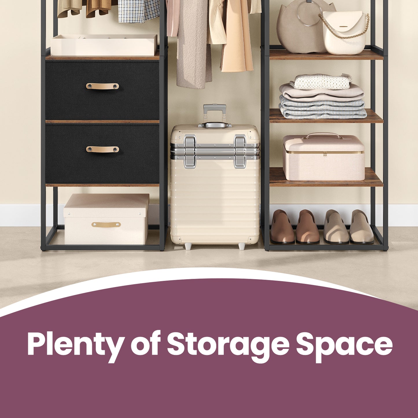 Heavy Duty Wardrobe Closet, 70.9 Inch Freestanding Garment Rack with Extendable Rod, 2 Drawers & 4 Shelves, Space-Saving Organizer for Bedroom,Rustic Brown