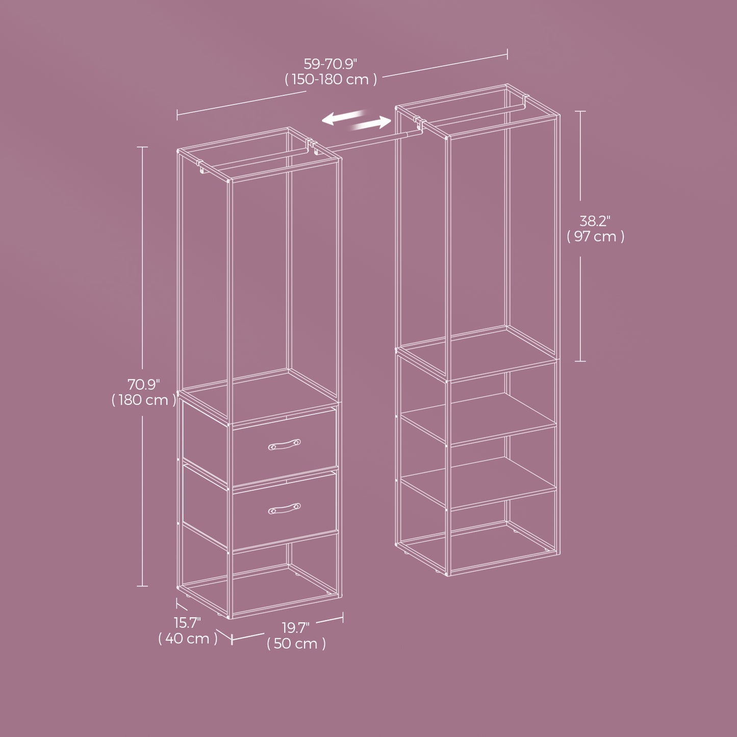 Heavy Duty Wardrobe Closet, 70.9 Inch Freestanding Garment Rack with Extendable Rod, 2 Drawers & 4 Shelves, Space-Saving Organizer for Bedroom,Rustic Brown