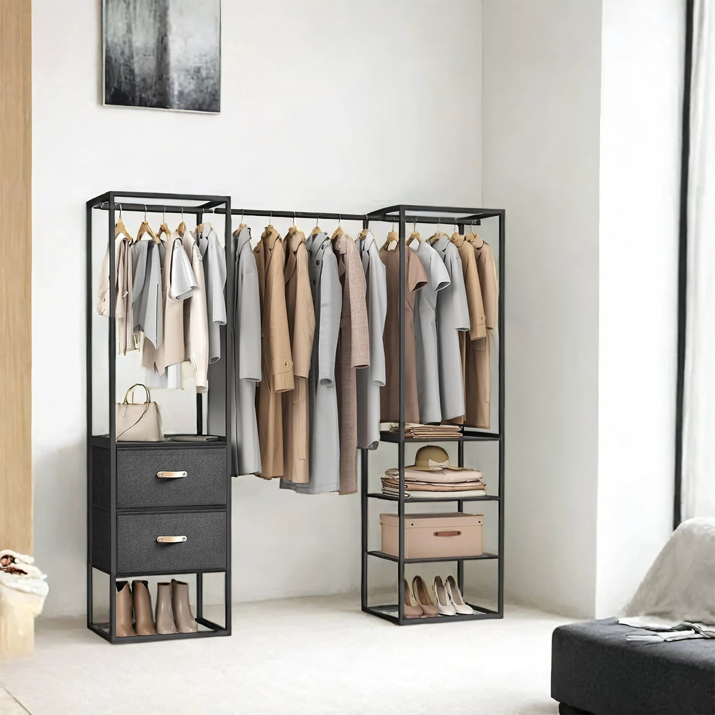 Heavy Duty Wardrobe Closet, 70.9 Inch Freestanding Garment Rack with Extendable Rod, 2 Drawers & 4 Shelves, Space-Saving Organizer for Bedroom,Ebony Black