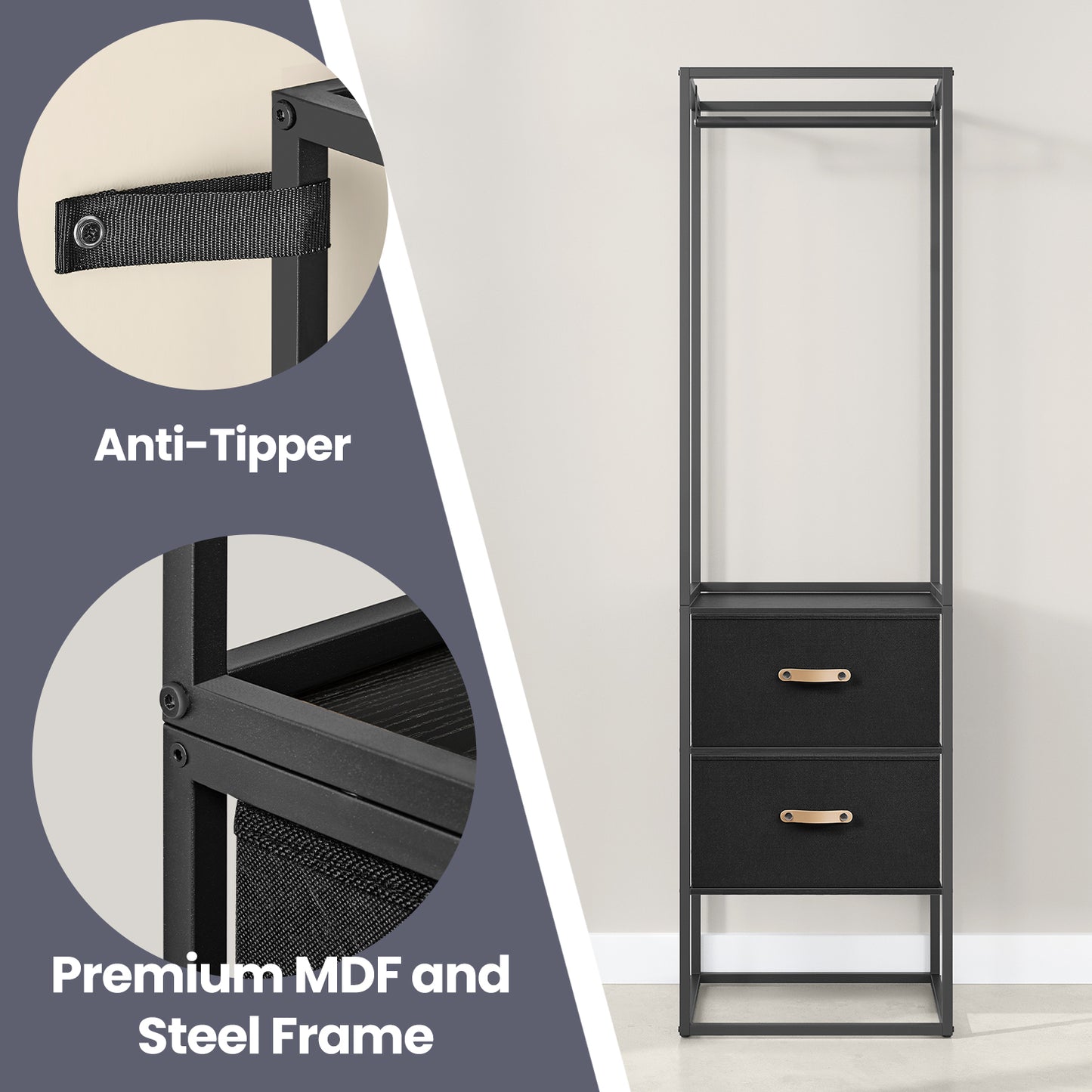 Heavy Duty Wardrobe Closet, 70.9 Inch Freestanding Garment Rack with Extendable Rod, 2 Drawers & 4 Shelves, Space-Saving Organizer for Bedroom,Ebony Black