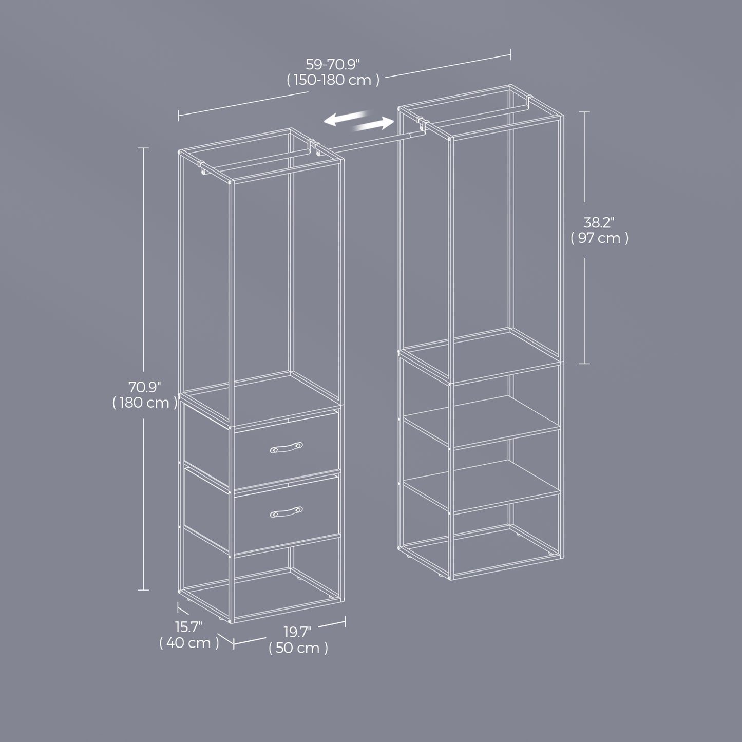 Heavy Duty Wardrobe Closet, 70.9 Inch Freestanding Garment Rack with Extendable Rod, 2 Drawers & 4 Shelves, Space-Saving Organizer for Bedroom,Ebony Black