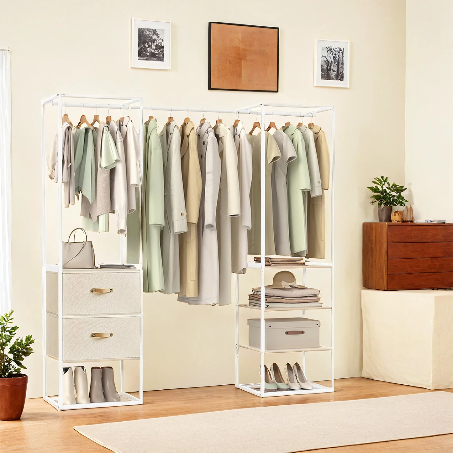 Heavy Duty Wardrobe Closet, 70.9 Inch Freestanding Garment Rack with Extendable Rod, 2 Drawers & 4 Shelves, Space-Saving Organizer for Bedroom,Ebony Black,Natural Beige