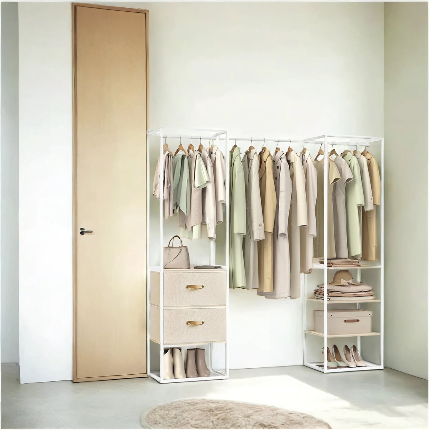 Heavy Duty Wardrobe Closet, 70.9 Inch Freestanding Garment Rack with Extendable Rod, 2 Drawers & 4 Shelves, Space-Saving Organizer for Bedroom,Ebony Black,Natural Beige