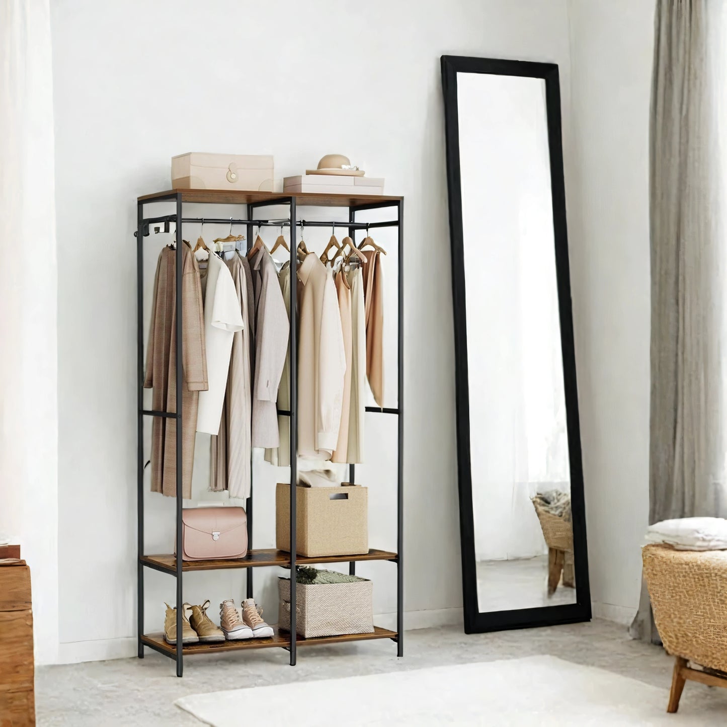 Heavy Duty Garment Rack, Iron and Wood Closet Organizer with Hanging Rods & Shelves, Freestanding Storage for Bedroom, 70.9 Inch,Rustic Brown