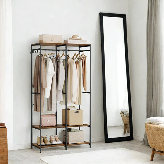 Heavy Duty Garment Rack, Iron and Wood Closet Organizer with Hanging Rods & Shelves, Freestanding Storage for Bedroom, 70.9 Inch,Rustic Brown