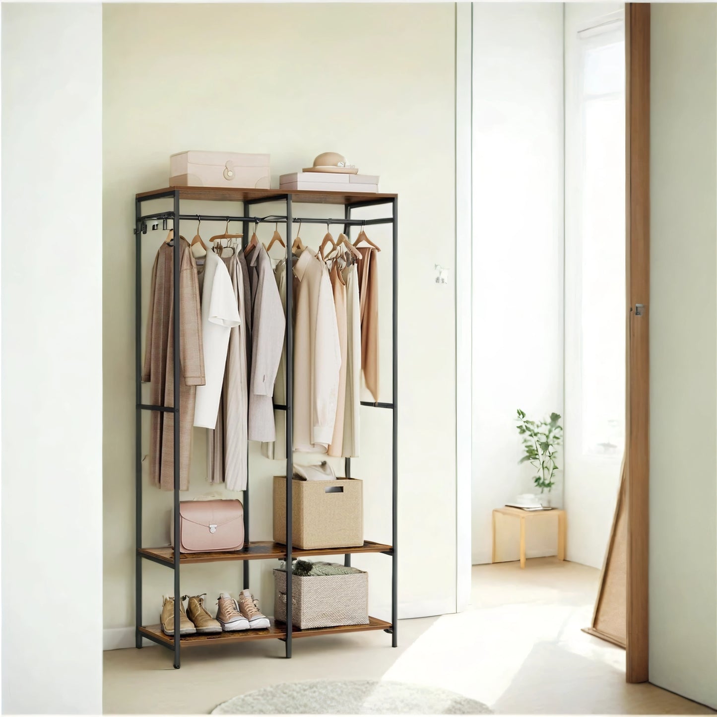 Heavy Duty Garment Rack, Iron and Wood Closet Organizer with Hanging Rods & Shelves, Freestanding Storage for Bedroom, 70.9 Inch,Rustic Brown
