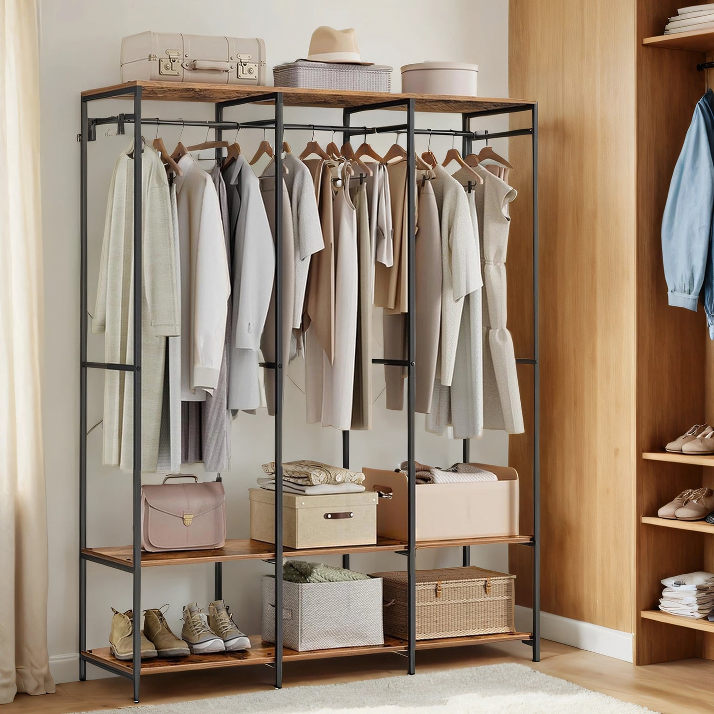 Heavy Duty Garment Rack, Iron and Wood Closet Organizer with Hanging Rods & Shelves, Freestanding Storage for Bedroom, 70.9 Inch,Rustic Brown