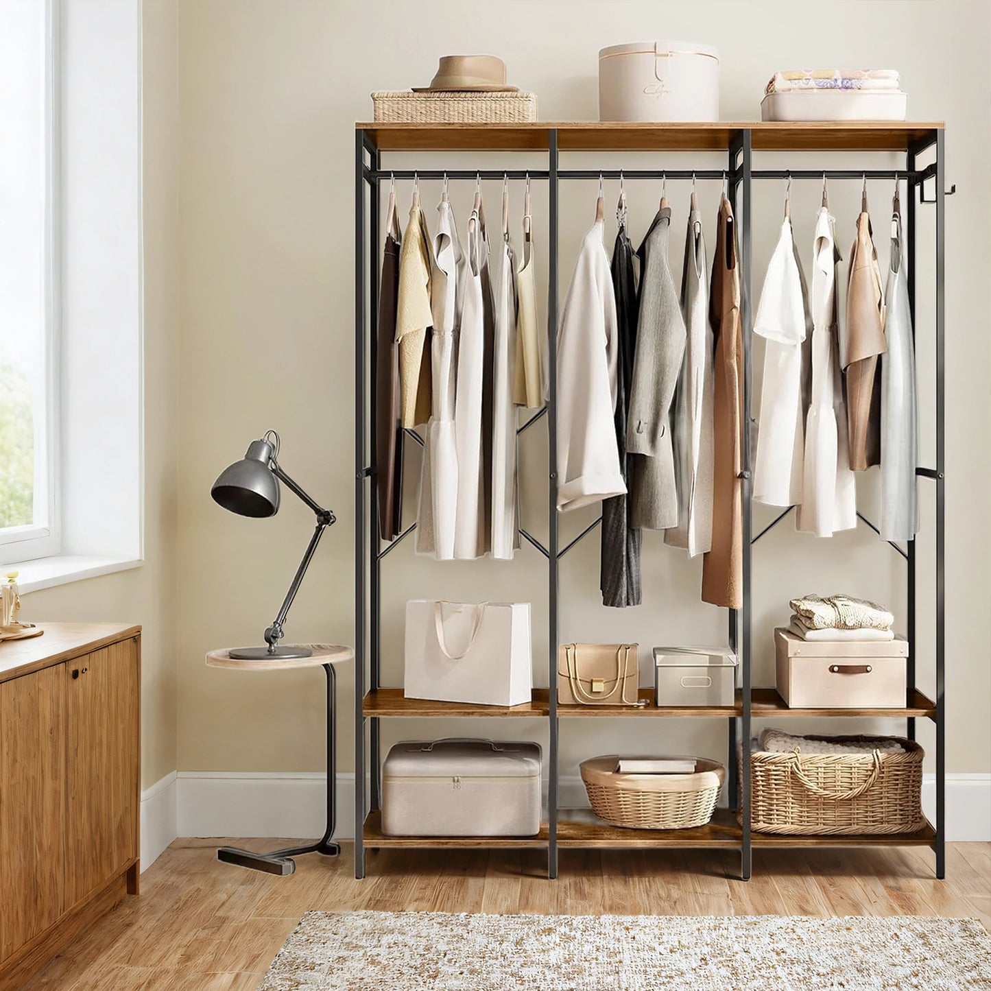 Heavy Duty Garment Rack, Iron and Wood Closet Organizer with Hanging Rods & Shelves, Freestanding Storage for Bedroom, 70.9 Inch,Rustic Brown