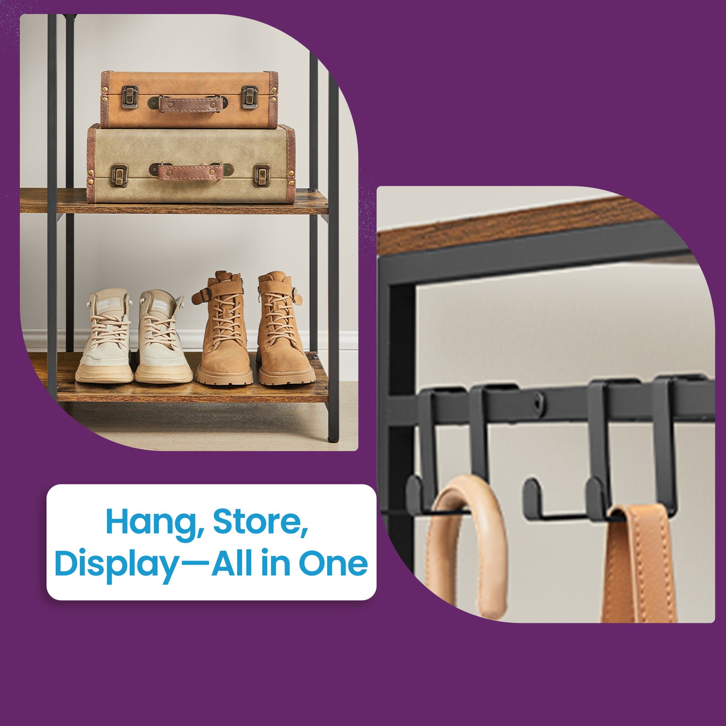Heavy Duty Garment Rack, Iron and Wood Closet Organizer with Hanging Rods & Shelves, Freestanding Storage for Bedroom, 70.9 Inch,Rustic Brown