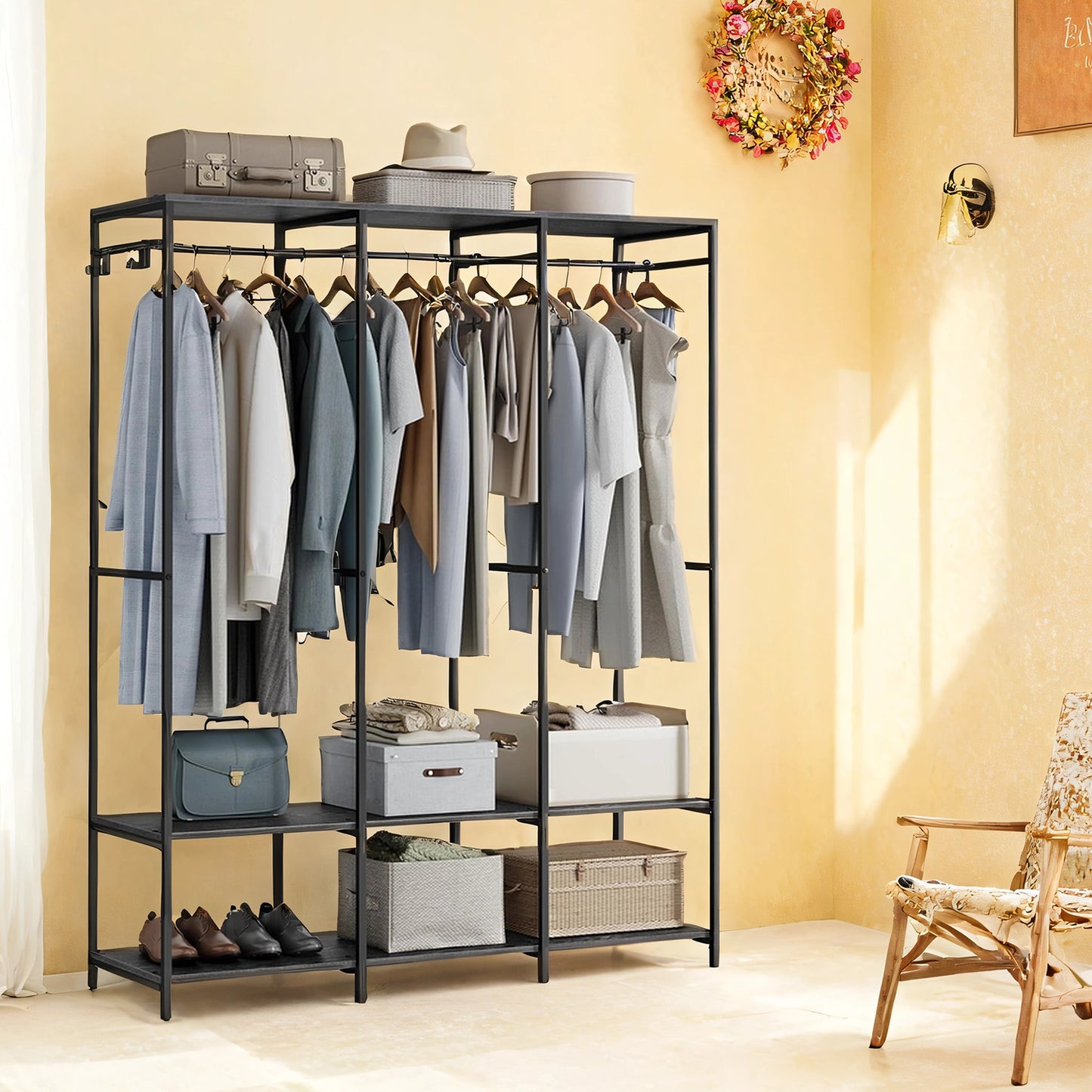 Heavy Duty Garment Rack, Iron and Wood Closet Organizer with Hanging Rods & Shelves, Freestanding Storage for Bedroom, 70.9 Inch,Ebony Black