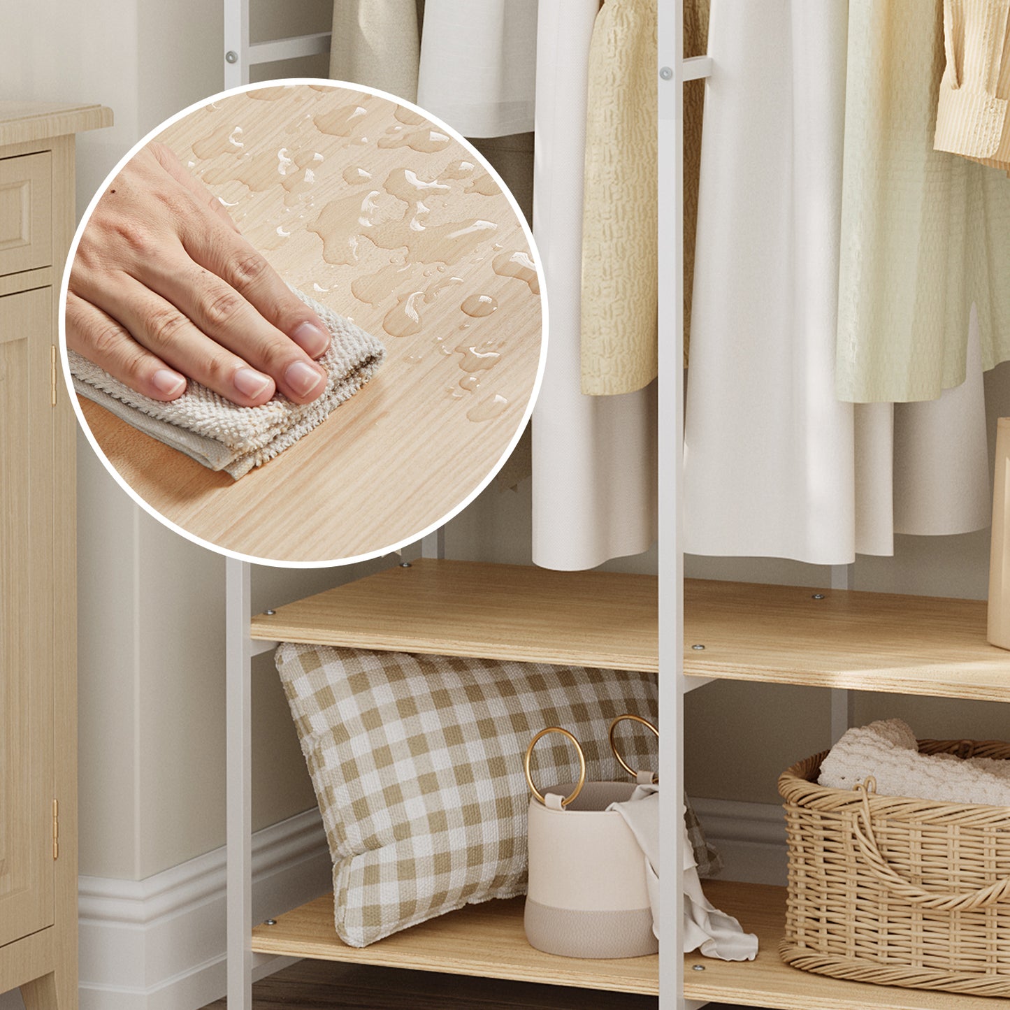 Heavy Duty Garment Rack, Iron and Wood Closet Organizer with Hanging Rods & Shelves, Freestanding Storage for Bedroom, 70.9 Inch,Natural Beige