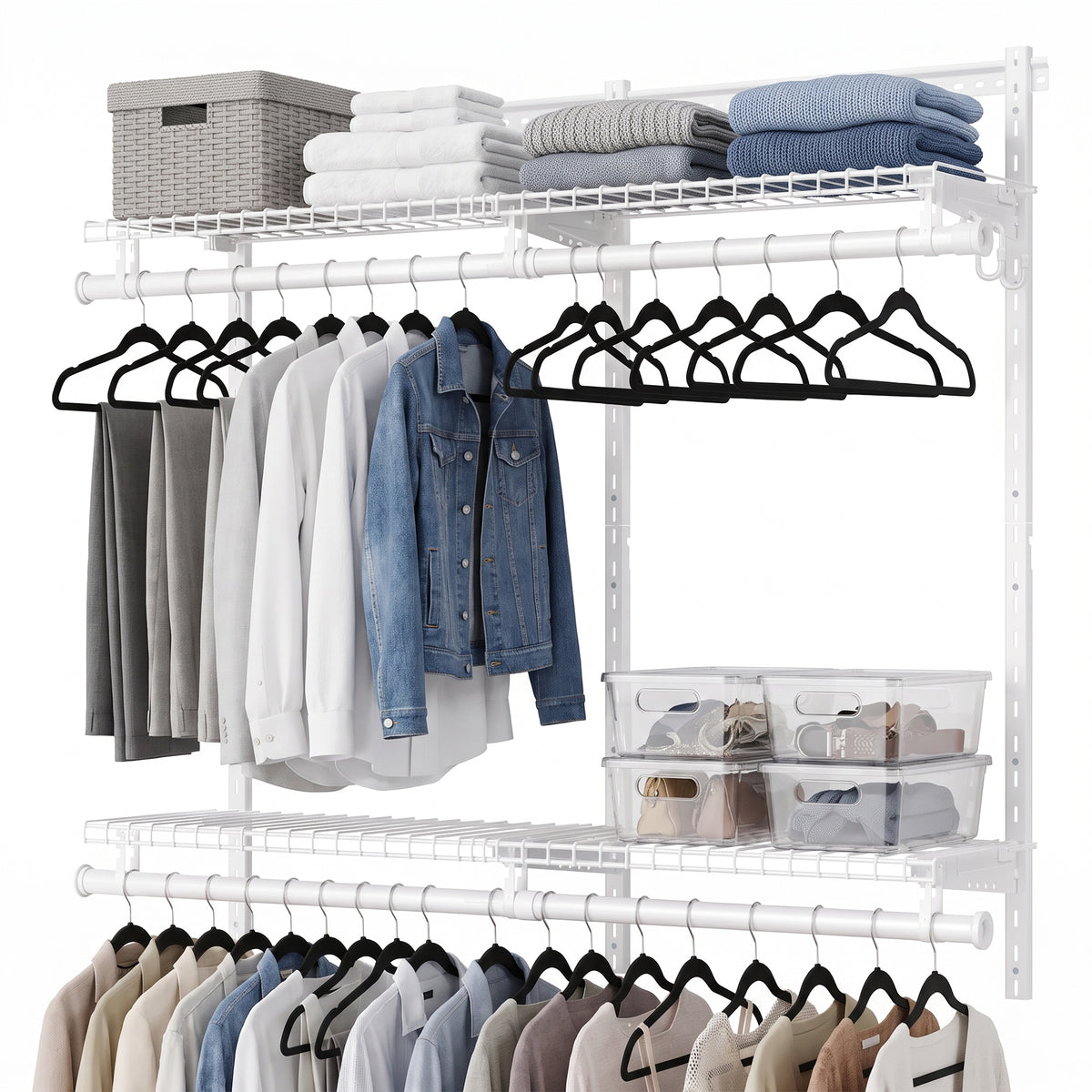 LEDREM Adjustable Wall-Mounted Closet System, Steel Organizer with 4 Rods and Shelves, 72 x 12.8 x 48.3 Inches, White