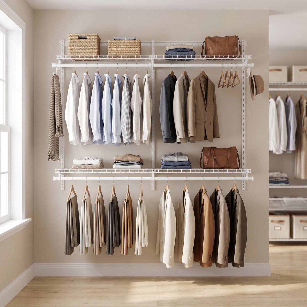 LEDREM Adjustable Wall-Mounted Closet System, Steel Organizer with 4 Rods and Shelves, 72 x 12.8 x 48.3 Inches, White