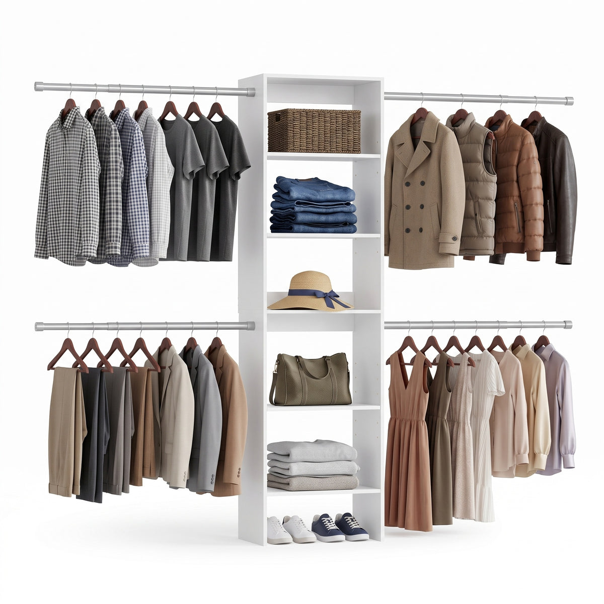 LEDREM Closet System, Customizable Walk-In Wardrobe Organizer, with Adjustable Rails and Drawers, Fits 4-9.6 ft Spaces, White