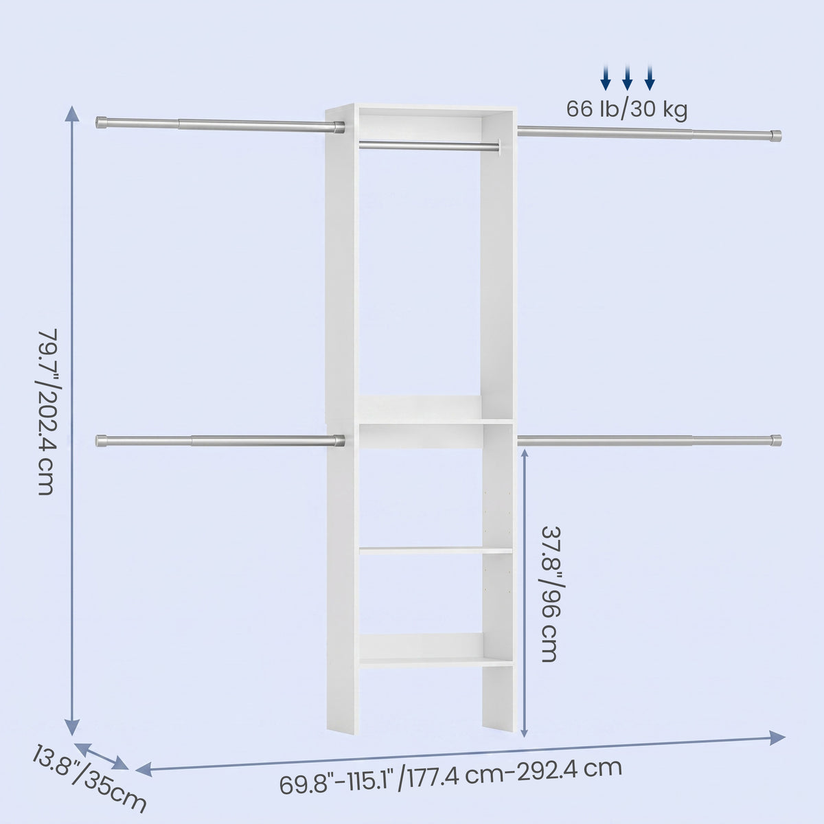 LEDREM Closet System, Customizable Walk-In Wardrobe Organizer, with Adjustable Rails and Drawers, Fits 4-9.6 ft Spaces, White