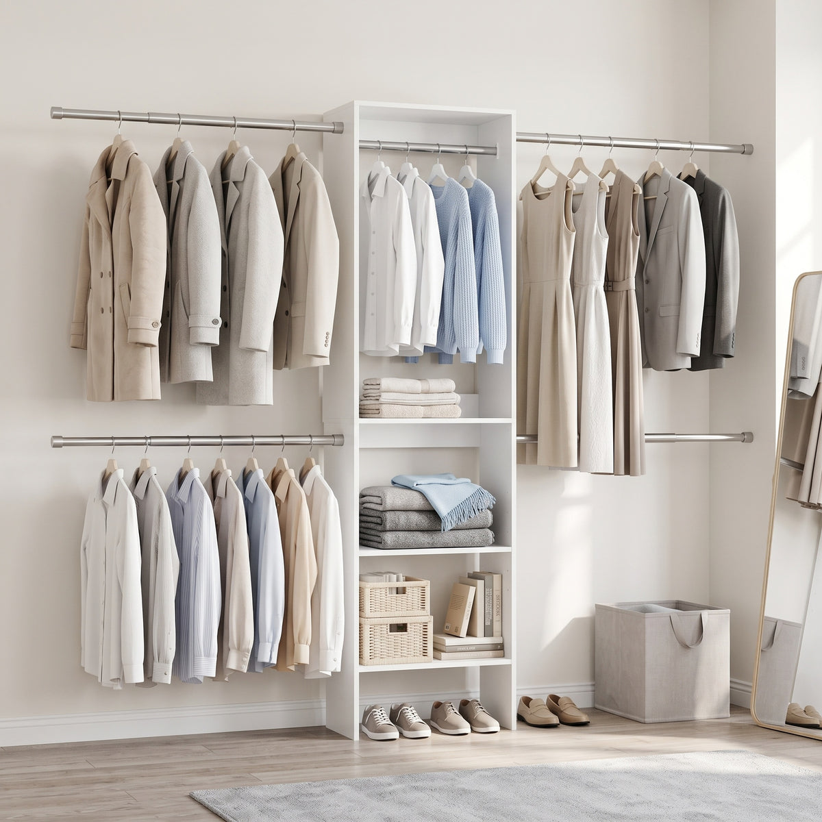 LEDREM Closet System, Customizable Walk-In Wardrobe Organizer, with Adjustable Rails and Drawers, Fits 4-9.6 ft Spaces, White